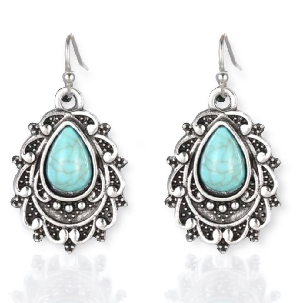 BOGO Turquoise Cabochon Teardrop Scrolling Silver Ornate Dangling Earrings